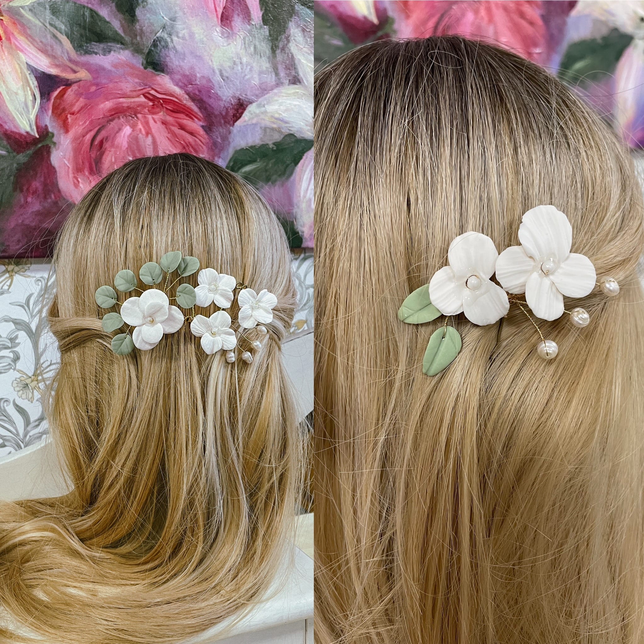 Amaloven Vihreä KOMBO hiuskampa ja hiuspinni aidoilla makeanvedenhelmillä - Kuva 1