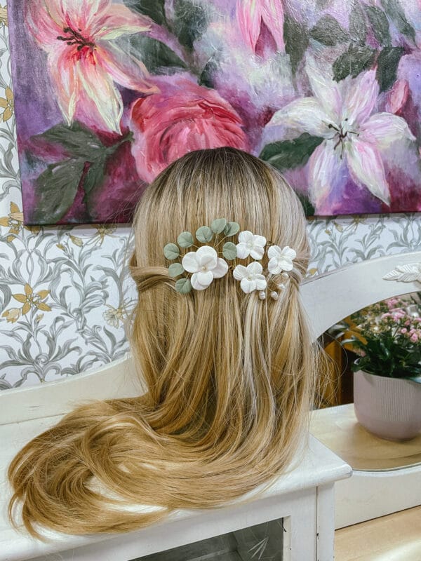 Amaloven Vihreä KOMBO hiuskampa ja hiuspinni aidoilla makeanvedenhelmillä